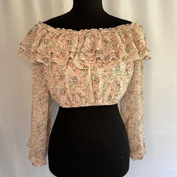 Lulus Teddi Blush Pink Floral Print Ruffled Off the‎ Shoulder Crop Top Small-364 - Picture 3 of 5